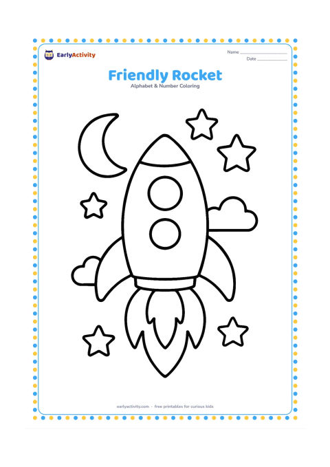 Colouring page: Draw a rounded rocket lifting off with three large flame shapes below it, two circular windows and a crescent moon nearby. Add a few big stars and clouds around the rocket without…