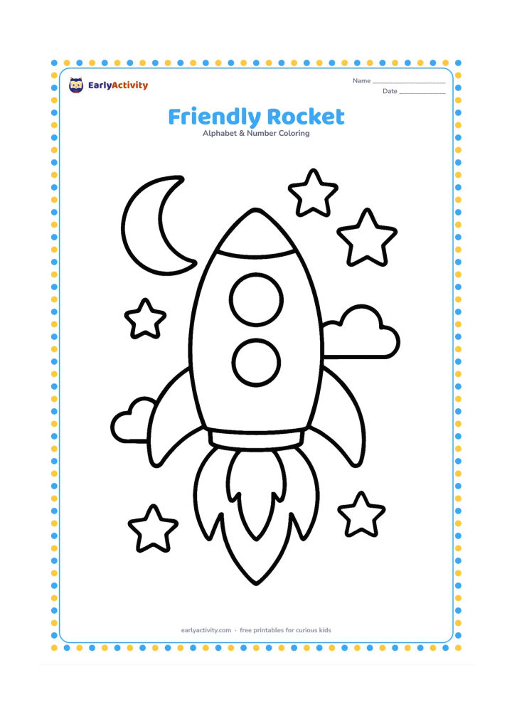 Colouring page: Draw a rounded rocket lifting off with three large flame shapes below it, two circular windows and a crescent moon nearby. Add a few big stars and clouds around the rocket without…