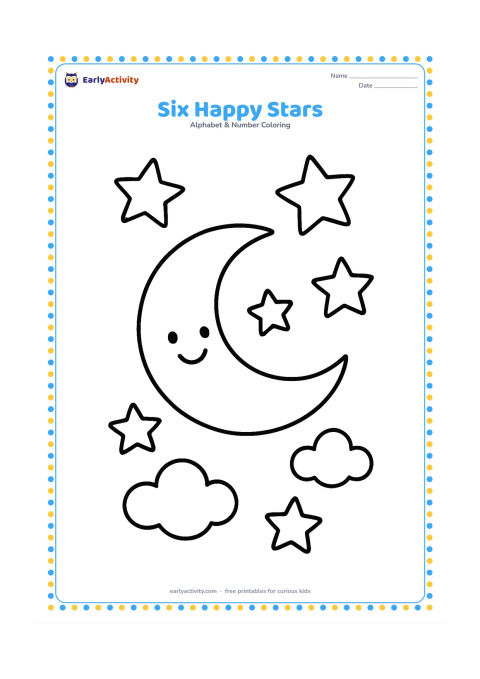 Colouring page: Draw six large, separate five-pointed stars floating around a smiling crescent moon and two small clouds.