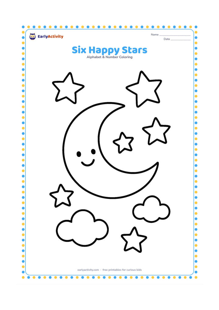 Colouring page: Draw six large, separate five-pointed stars floating around a smiling crescent moon and two small clouds.