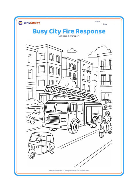 Colouring page: Draw a detailed ladder fire truck travelling through a busy Indian city street with its roof lights visible, while cars, scooters and an auto-rickshaw pull aside. Include multi-storey…