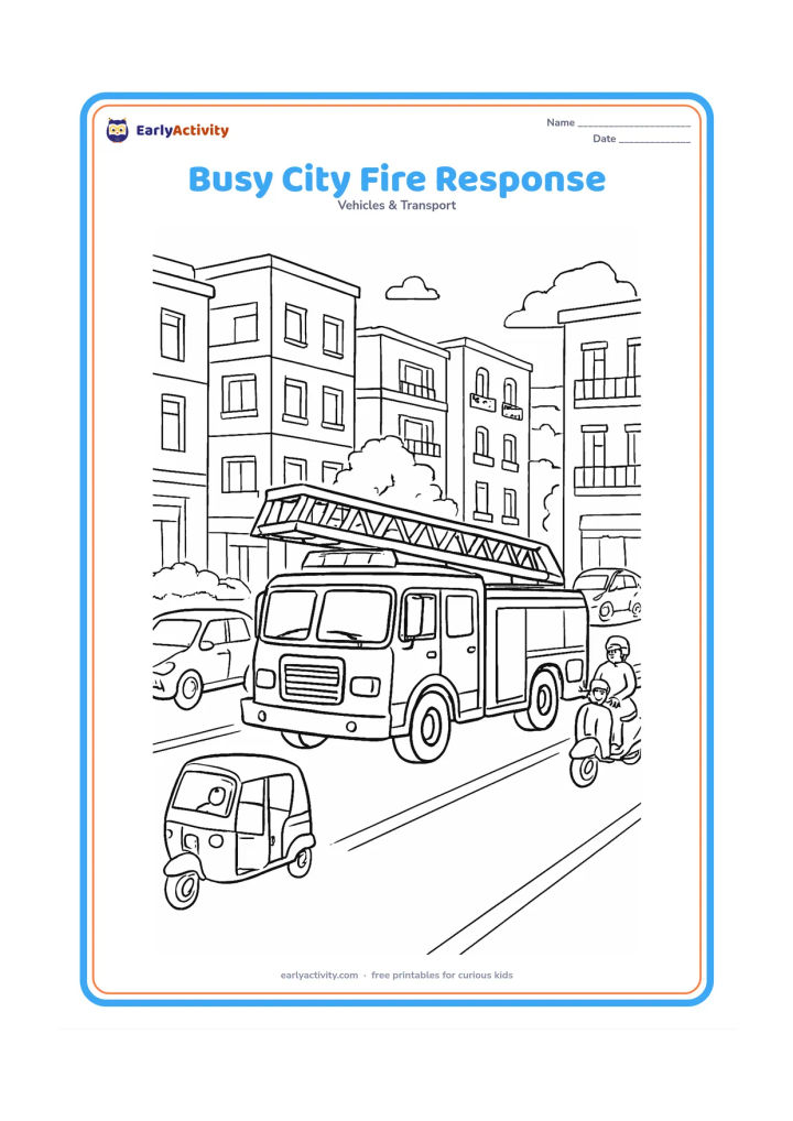 Colouring page: Draw a detailed ladder fire truck travelling through a busy Indian city street with its roof lights visible, while cars, scooters and an auto-rickshaw pull aside. Include multi-storey…