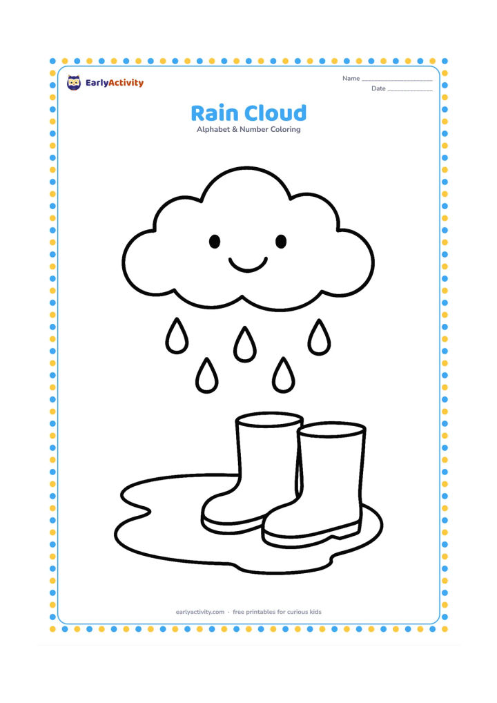 Colouring page: Draw one smiling-free fluffy rain cloud above a puddle, with large raindrops falling into the puddle and one pair of simple rain boots below. Keep the scene calm and spacious.