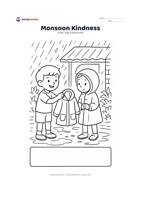 Worksheet: A child offers a raincoat to a friend on a rainy Indian street, with a small covered doorway, puddles and leafy plants in the background. Include a clear blank panel at the bottom for a…