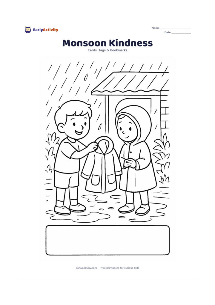 Worksheet: A child offers a raincoat to a friend on a rainy Indian street, with a small covered doorway, puddles and leafy plants in the background. Include a clear blank panel at the bottom for a…