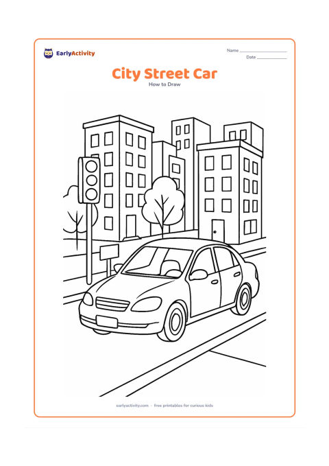 Worksheet: Show a detailed car travelling through a busy but uncluttered city street with apartment buildings, trees, a footpath, a traffic light with blank signal faces and a blank roadside sign.…