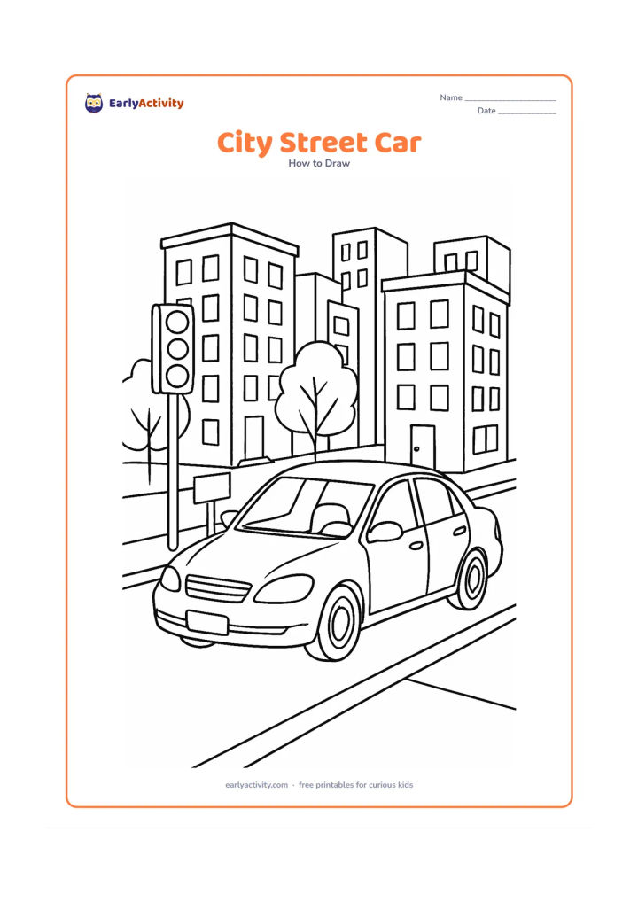 Worksheet: Show a detailed car travelling through a busy but uncluttered city street with apartment buildings, trees, a footpath, a traffic light with blank signal faces and a blank roadside sign.…