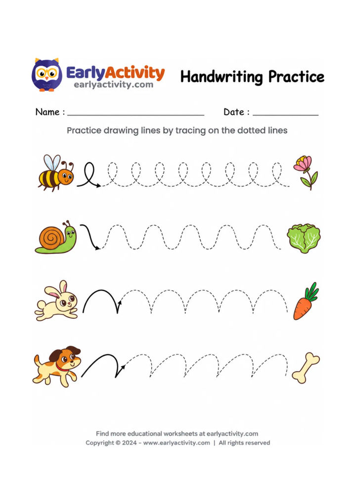 Handwriting practice worksheet with a bee, snail, rabbit and dog beside dotted lines for tracing, plus a flower, broccoli, carrot and bone.
