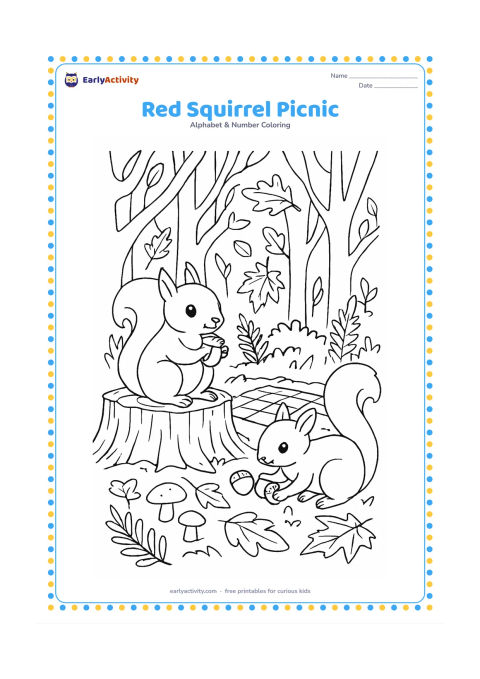 Colouring page: Draw a red squirrel sitting on a tree stump beside a picnic cloth, holding an acorn, with a second squirrel gathering nuts, mushrooms, ferns and autumn leaves around them. Show an autumn…