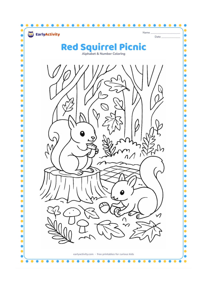 Colouring page: Draw a red squirrel sitting on a tree stump beside a picnic cloth, holding an acorn, with a second squirrel gathering nuts, mushrooms, ferns and autumn leaves around them. Show an autumn…