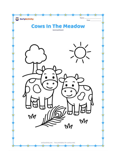 Colouring page: Draw two friendly cows standing in a meadow with a large peacock feather on the ground between them. Add a simple tree, sun, and three grass patches.