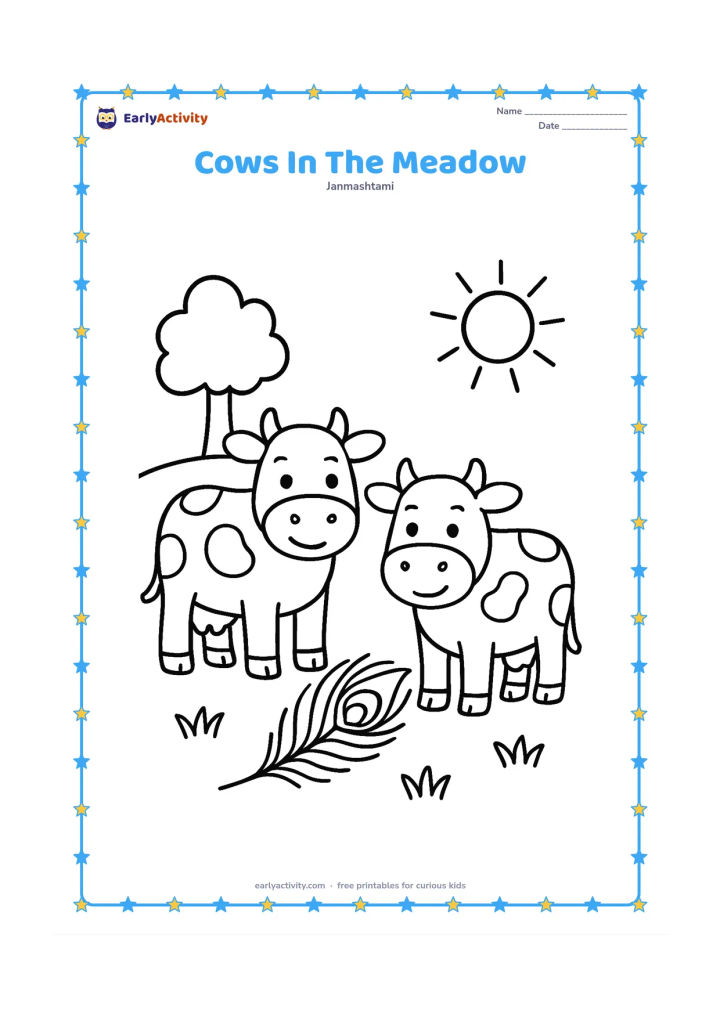 Colouring page: Draw two friendly cows standing in a meadow with a large peacock feather on the ground between them. Add a simple tree, sun, and three grass patches.