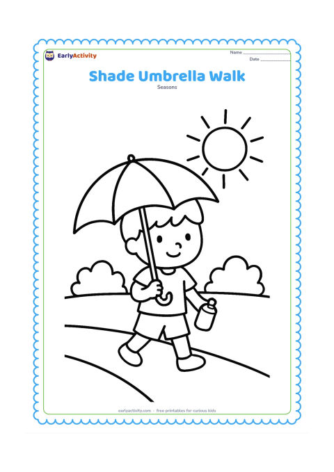 Colouring page: A child walks under a large umbrella on a sunny path, carrying a small water bottle, with two bushes and a broad sun in the background.