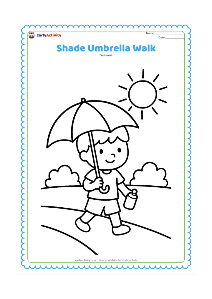 Colouring page: A child walks under a large umbrella on a sunny path, carrying a small water bottle, with two bushes and a broad sun in the background.