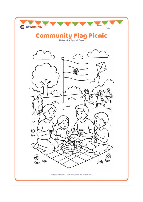 Colouring page: Families and children sit on picnic mats in a park beneath an Indian flag, sharing a basket of fruit and cups. Show a tree, a kite in the distance, flower beds and people of different ages.