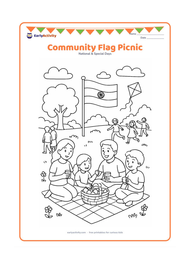 Colouring page: Families and children sit on picnic mats in a park beneath an Indian flag, sharing a basket of fruit and cups. Show a tree, a kite in the distance, flower beds and people of different ages.