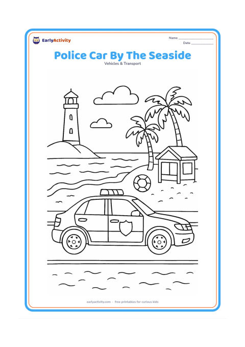 Colouring page: Draw a police car patrolling beside a seaside road, shown in side view with detailed wheels, mirrors, roof lights and a plain door badge. Add a lighthouse, waves, a lifebuoy without…