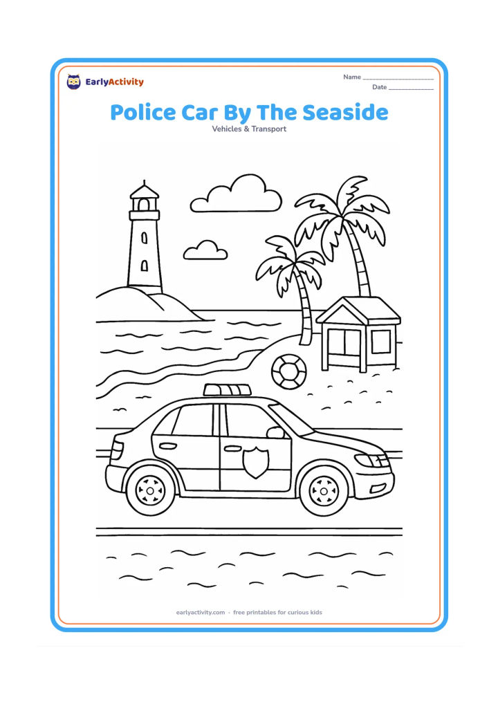 Colouring page: Draw a police car patrolling beside a seaside road, shown in side view with detailed wheels, mirrors, roof lights and a plain door badge. Add a lighthouse, waves, a lifebuoy without…