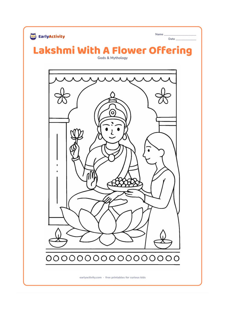 Colouring page: Draw Goddess Lakshmi seated on a lotus as a woman offers a brass plate of flowers from one side. Include a decorated threshold, two diyas, a bell-shaped hanging ornament, and simple wall…