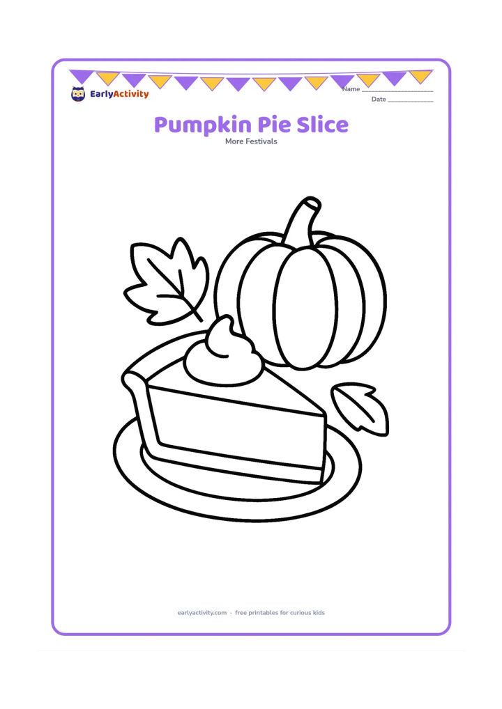 Colouring page: A large slice of pumpkin pie sits on a simple plate beside one whole pumpkin. Add a broad crust, a small scoop of whipped cream and a few large leaf shapes.