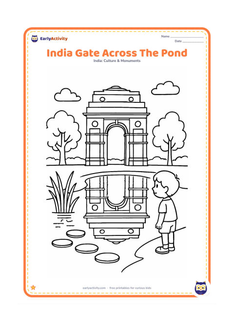 Colouring page: Show India Gate across a calm pond in a park, with its reflection, stepping stones, reeds and two trees along the water. Add a child observing the reflection from the bank.