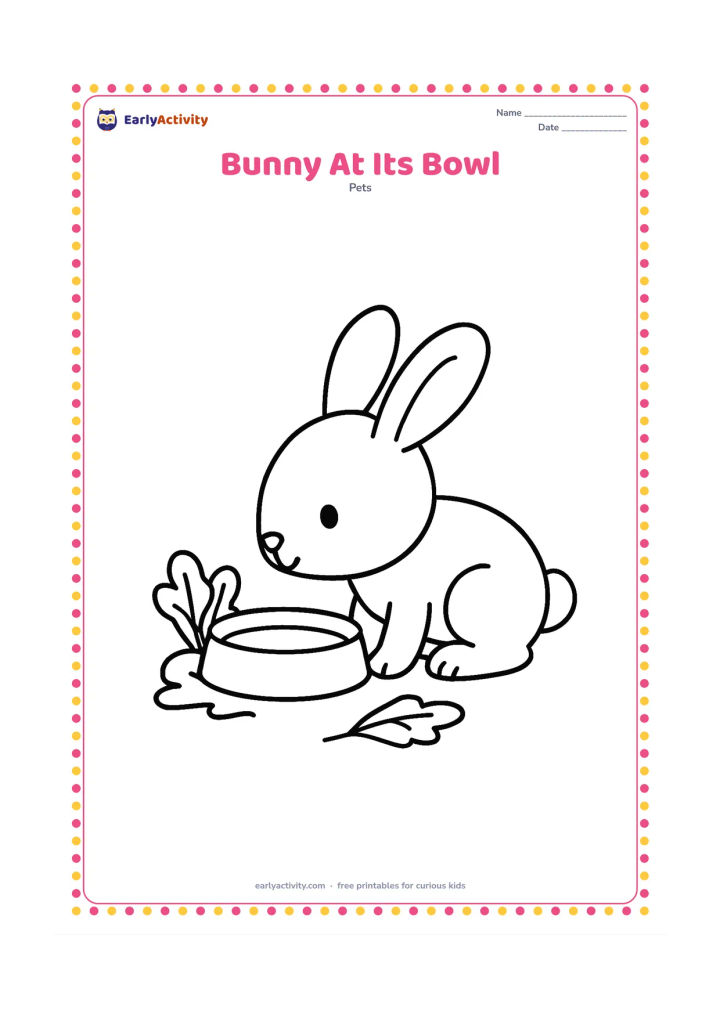 Colouring page: Draw a bunny sitting beside a large food bowl, leaning forward to sniff it. Add two simple leafy vegetables beside the bowl and a small patch of floor or grass.