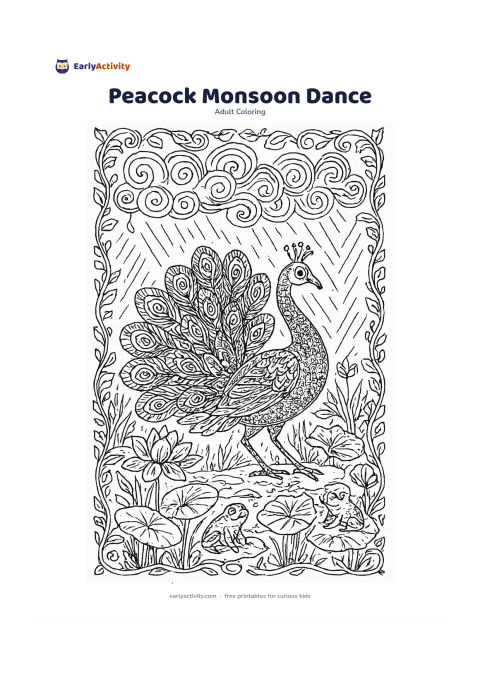 Colouring page: Show a peacock dancing beneath curling monsoon clouds with its tail partly open, surrounded by rain-fed grasses, lotus leaves, small frogs, and arched rain lines. Add a decorative frame…