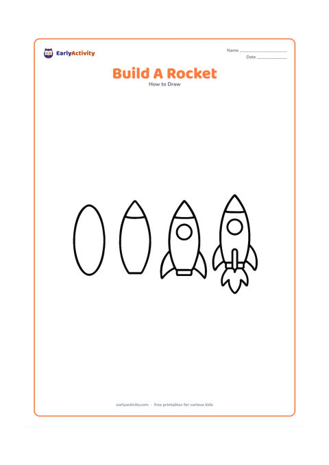Worksheet: Show a clear sequence of four rocket construction stages from an oval body to a completed rocket with triangle nose, fins, round window and flames. Place the stages left to right with…