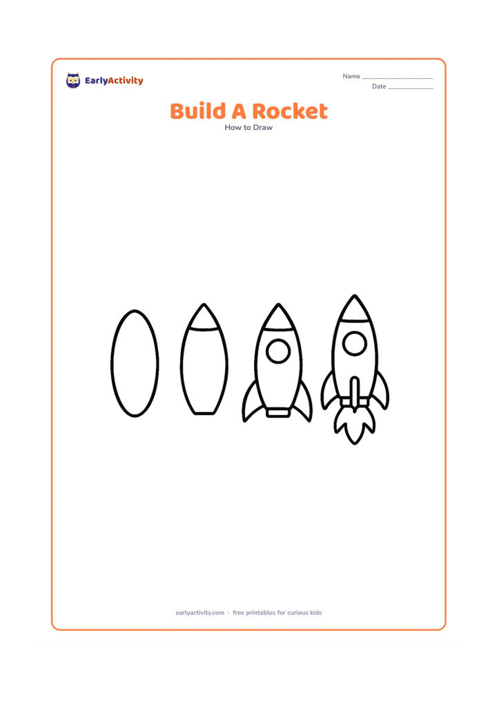 Worksheet: Show a clear sequence of four rocket construction stages from an oval body to a completed rocket with triangle nose, fins, round window and flames. Place the stages left to right with…