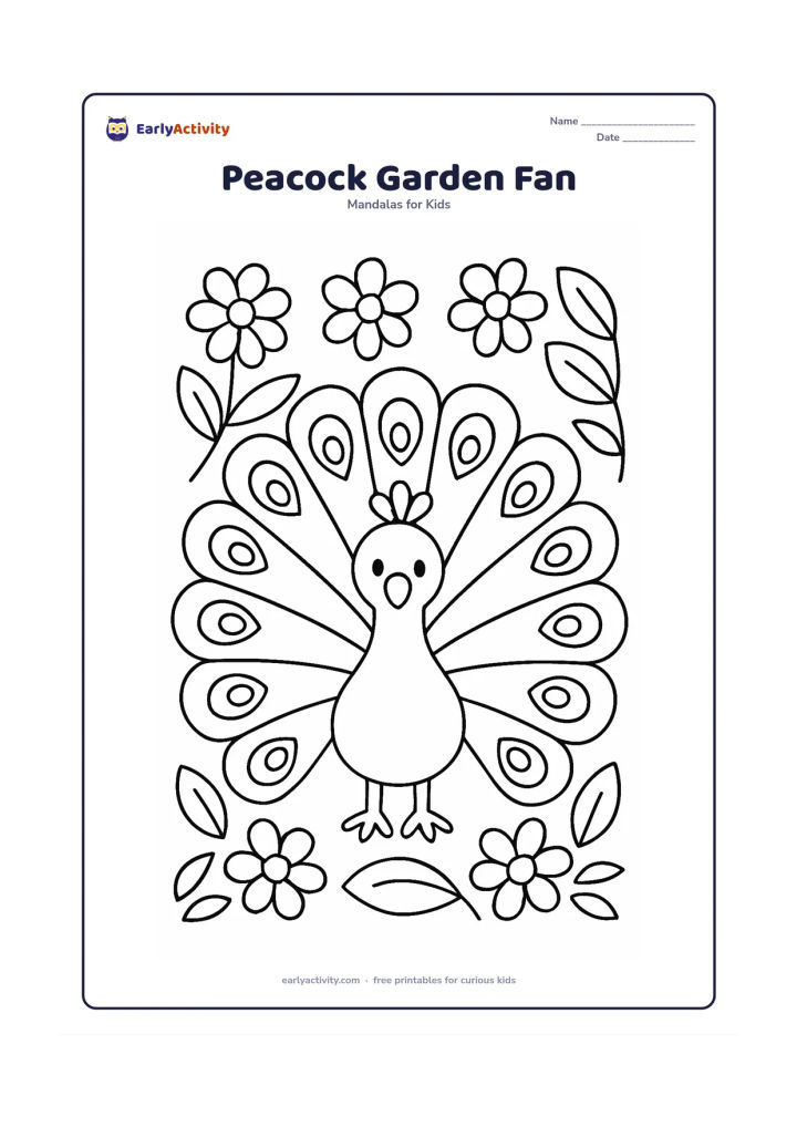 Colouring page: A peacock faces forward in the centre with its tail spread into a large round fan. Fill the surrounding mandala with big feather-eye shapes, simple flowers and wide leaves.