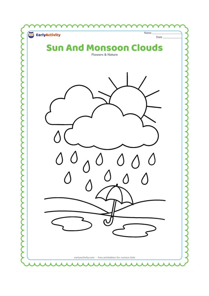 Colouring page: Draw the sun partly visible behind large monsoon clouds above a green-looking landscape with puddles, a small umbrella and several raindrops. The sun should remain clearly visible.