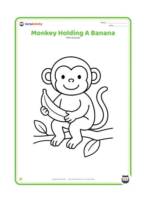 Colouring page: Draw a smiling monkey sitting on a low branch while holding one large banana. Add two simple leaves and a curved branch.
