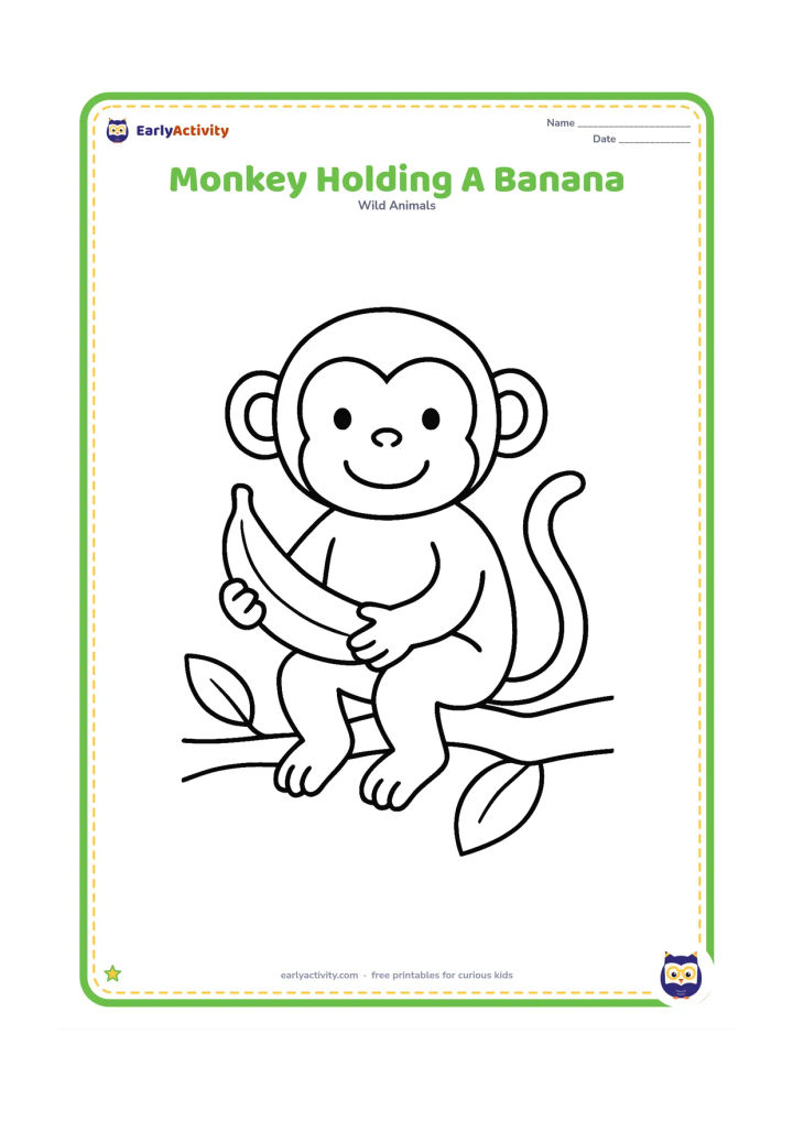 Colouring page: Draw a smiling monkey sitting on a low branch while holding one large banana. Add two simple leaves and a curved branch.