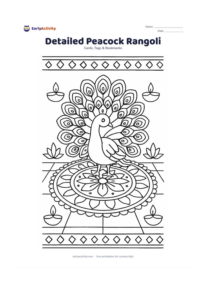 Worksheet: Draw a peacock standing at the centre of a large symmetrical rangoli, with its tail formed from layered paisley feathers. Surround the design with diyas, lotus petals and geometric…