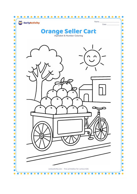 Colouring page: Draw a child-friendly handcart piled with oranges beside a sunny Indian street, with a simple bicycle and leafy tree in the background. Leave the cart sign completely blank and unmarked.