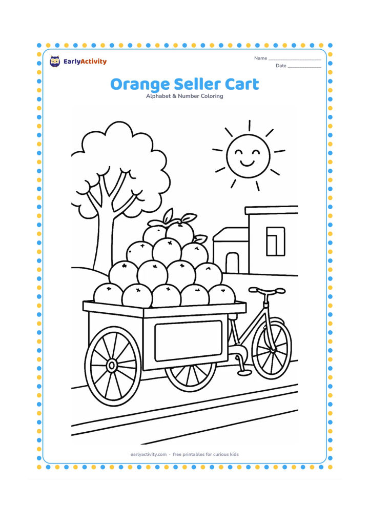 Colouring page: Draw a child-friendly handcart piled with oranges beside a sunny Indian street, with a simple bicycle and leafy tree in the background. Leave the cart sign completely blank and unmarked.