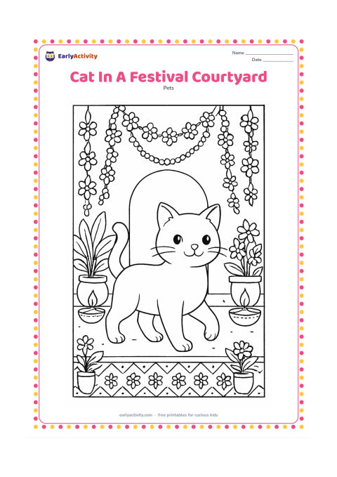 Colouring page: Draw a friendly cat walking through a decorated courtyard with hanging flower garlands, clay lamps, potted plants, and a patterned floor border. Leave all banners and surfaces without words.