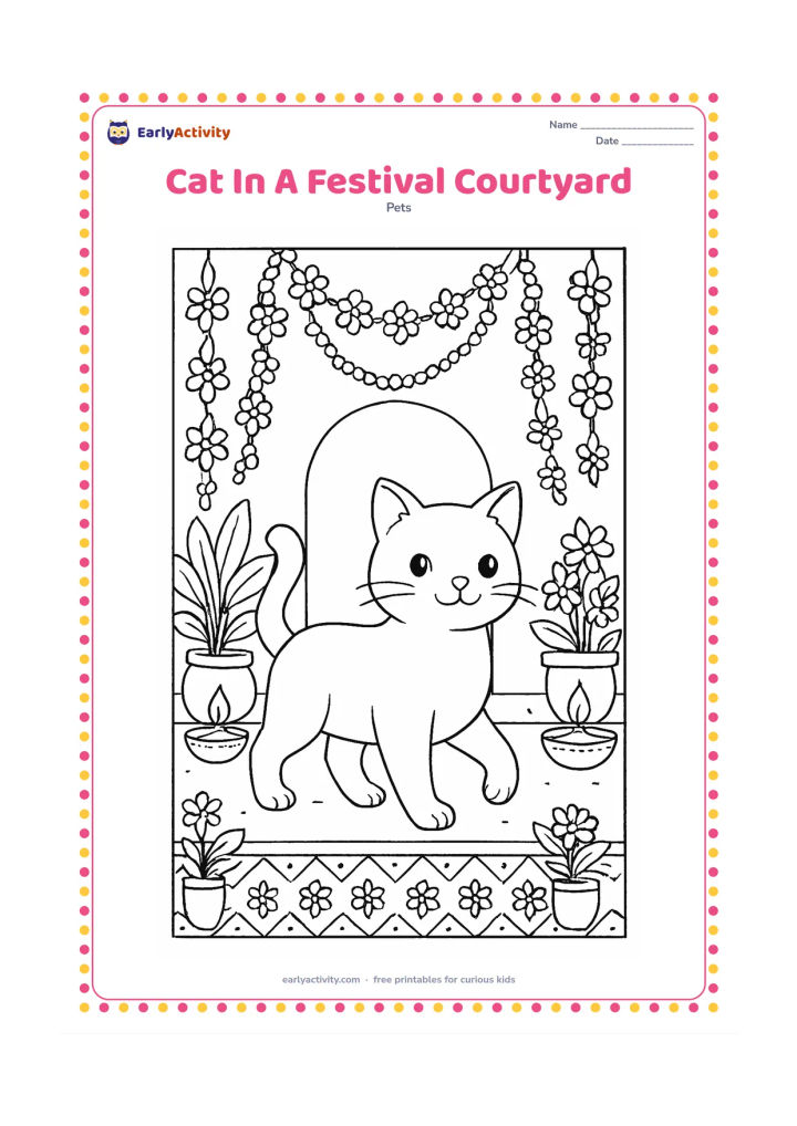 Colouring page: Draw a friendly cat walking through a decorated courtyard with hanging flower garlands, clay lamps, potted plants, and a patterned floor border. Leave all banners and surfaces without words.