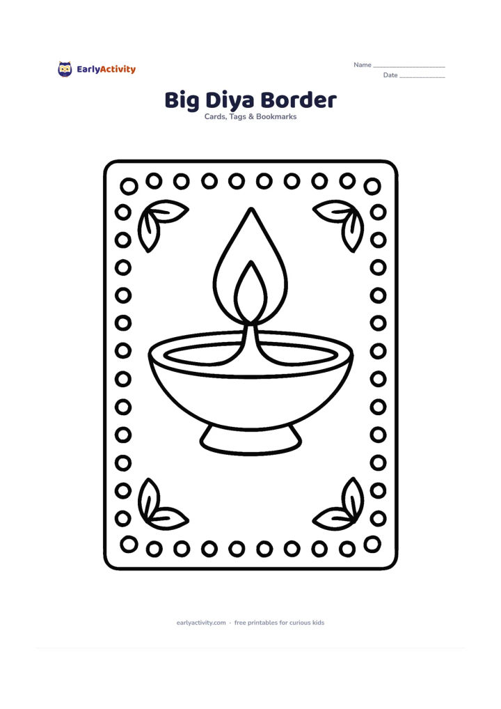 Worksheet: Draw one large diya with a tall flame in the centre of a landscape card, surrounded by a wide border of rounded dots and simple leaves. Leave a completely open area below the diya for a…