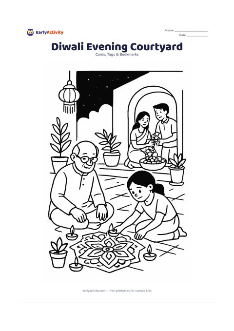 Worksheet: Draw a child and grandparent sitting together in a courtyard, lighting diyas along a rangoli while other family members arrange flowers nearby. Include a doorway, hanging lantern, potted…