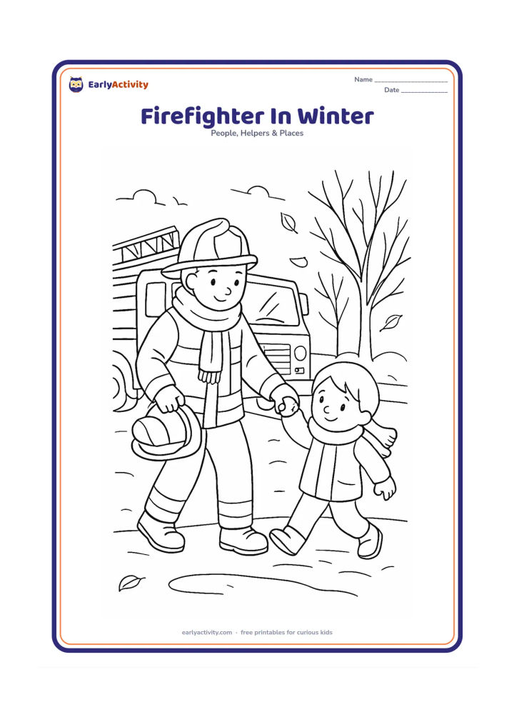 Colouring page: Draw a bundled firefighter carrying a helmet beside a fire engine on a chilly winter morning. Add a scarf on a child being helped across a clear path, bare trees and a few falling leaves.
