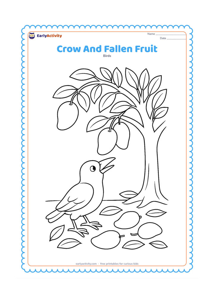 Colouring page: A crow reaches toward fallen mangoes beneath a leafy mango tree, with several leaves scattered around its feet.