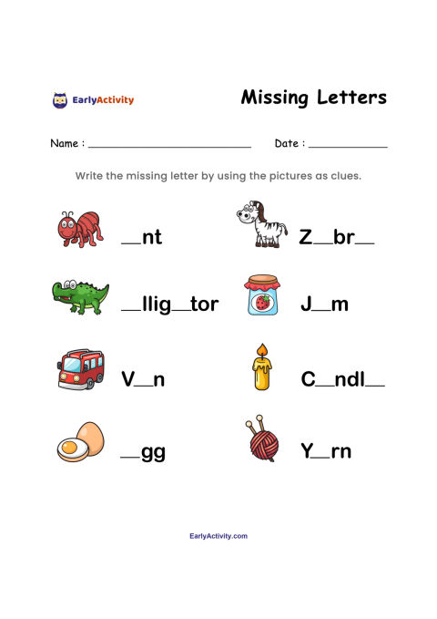 Worksheet with pictures of an ant, zebra, alligator, jam, van, candle, egg and yarn beside words with missing letters.
