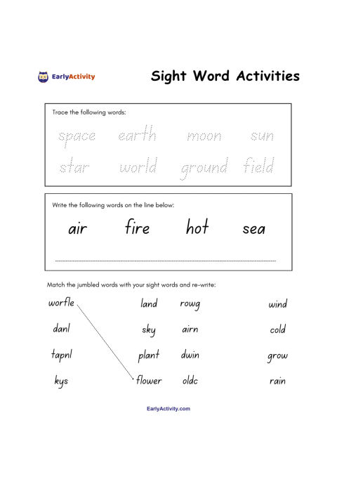 Worksheet with sight word tracing, writing, and matching activities using words about space, nature, and weather.