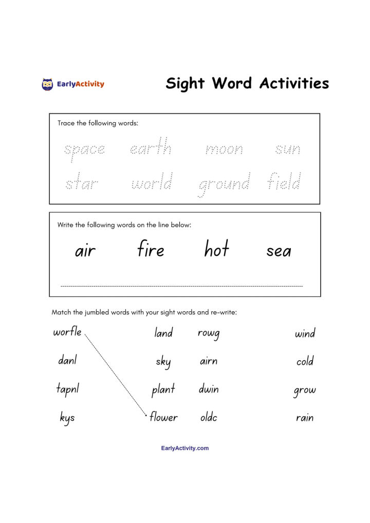 Worksheet with sight word tracing, writing, and matching activities using words about space, nature, and weather.