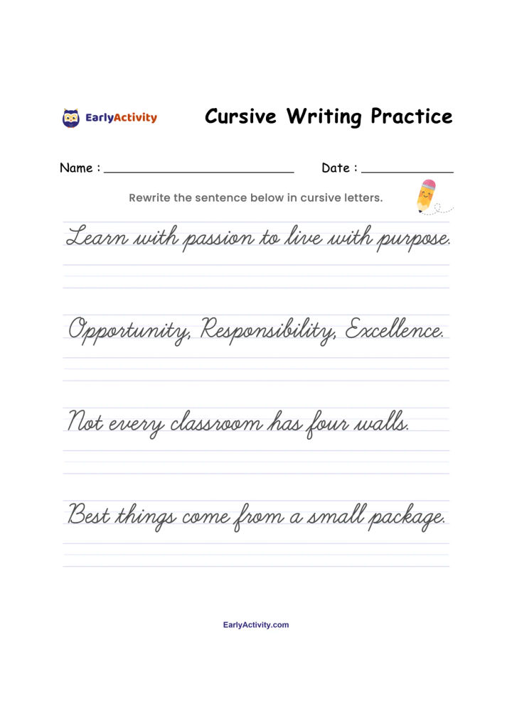 Worksheet page for cursive writing practice, with four model sentences, name and date fields, and ruled lines for rewriting.