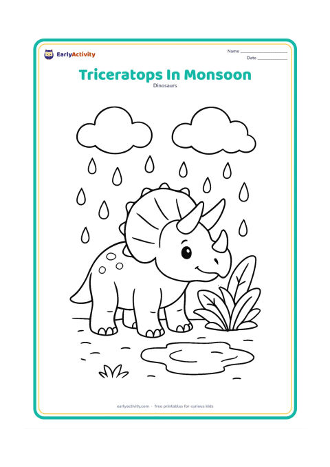 Colouring page: A triceratops standing in a gentle prehistoric rain shower beside broad-leaf plants and a small puddle. Include rounded rain clouds and a few large raindrops.