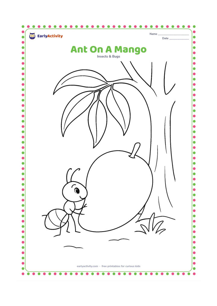Colouring page: An ant explores a large mango lying beneath a mango tree. Include the tree trunk, a few hanging leaves, and a small patch of ground.