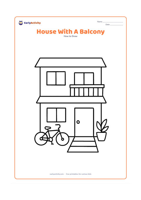 Worksheet: Draw a two-level house with a flat roof, an upper balcony with a simple railing, a ground-floor door and windows on both levels. Add a bicycle leaning near the wall, a potted plant and a…