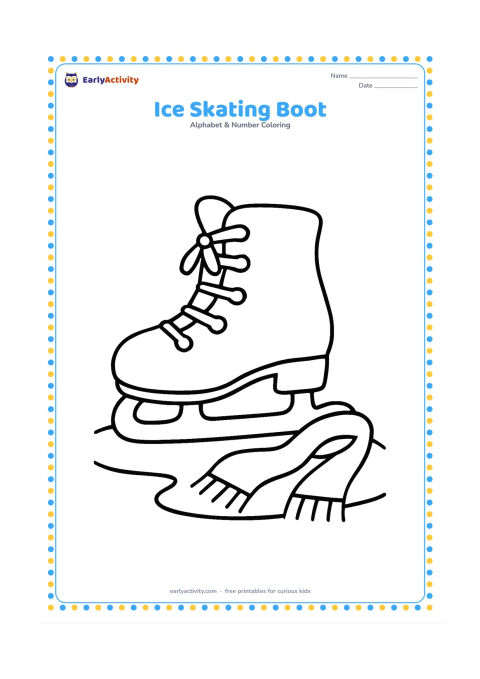 Colouring page: Draw one large ice-skating boot resting on a smooth ice patch, with a clear blade underneath and a simple scarf draped beside it.